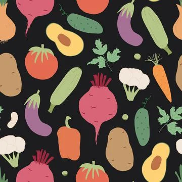 Vegetables seamless pattern. Vegetarian healthy bio food background, Vegan or Stock Illustration
