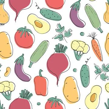 Vegetables seamless pattern. Vegetarian healthy bio food background, Vegan or Stock Illustration