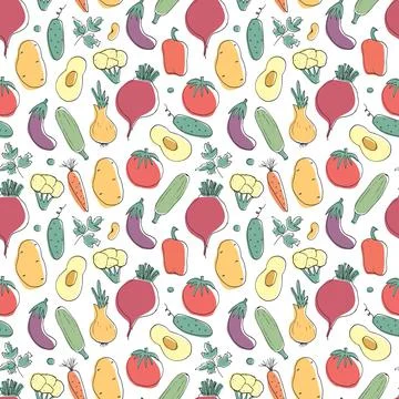 Vegetables seamless pattern. Vegetarian healthy bio food background, Vegan or Stock Illustration