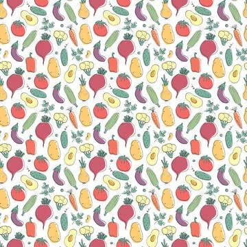 Vegetables seamless pattern. Vegetarian healthy bio food background, Vegan or Stock Illustration