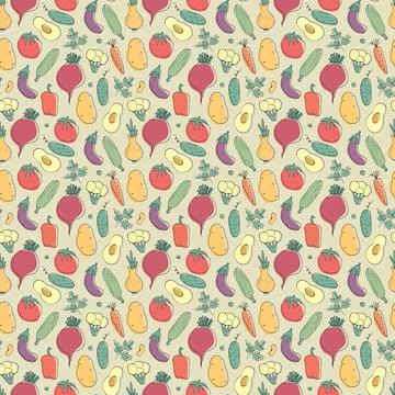 Vegetables seamless pattern. Vegetarian healthy bio food background, Vegan or Stock Illustration