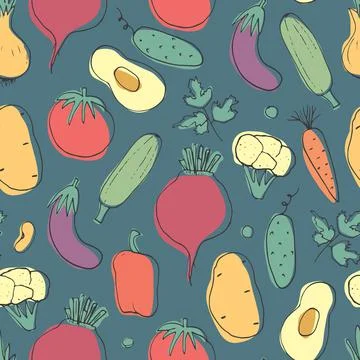 Vegetables seamless pattern. Vegetarian healthy bio food background, Vegan or Stock Illustration