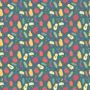 Vegetables seamless pattern. Vegetarian healthy bio food background, Vegan or Stock Illustration
