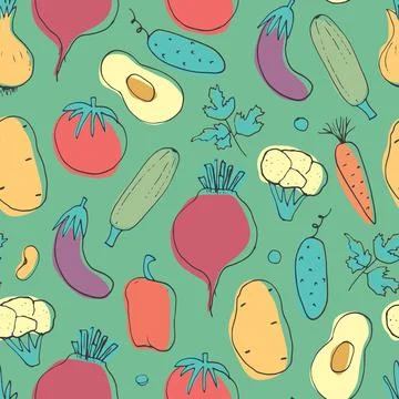 Vegetables seamless pattern. Vegetarian healthy bio food background, Vegan or Stock Illustration