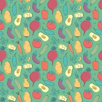 Vegetables seamless pattern. Vegetarian healthy bio food background, Vegan or Stock Illustration