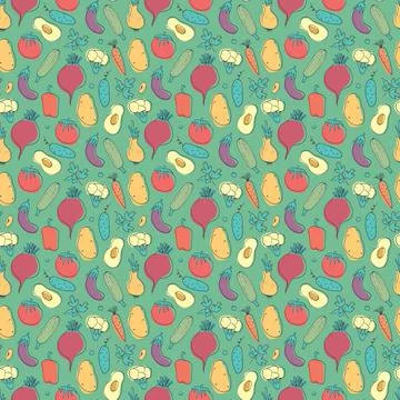 Vegetables seamless pattern. Vegetarian healthy bio food background, Vegan or Illustrazione stock