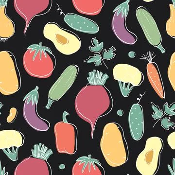 Vegetables seamless pattern. Vegetarian healthy bio food background, Vegan or Stock Illustration