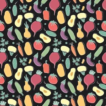 Vegetables seamless pattern. Vegetarian healthy bio food background, Vegan or Stock Illustration