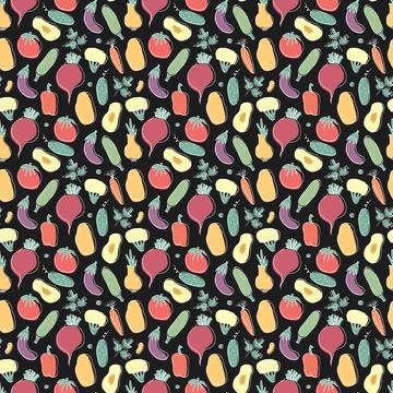 Vegetables seamless pattern. Vegetarian healthy bio food background, Vegan or Stock Illustration