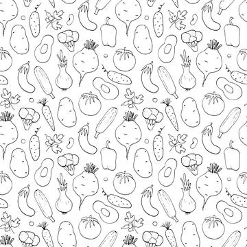 Vegetables seamless pattern. Vegetarian healthy bio food background, Vegan or Stock Illustration