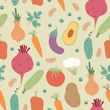 Vegetables seamless pattern. Vegetarian healthy bio food background, Vegan or Stock Illustration