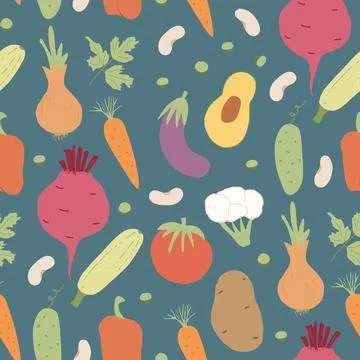 Vegetables seamless pattern. Vegetarian healthy bio food background, Vegan or Stock Illustration
