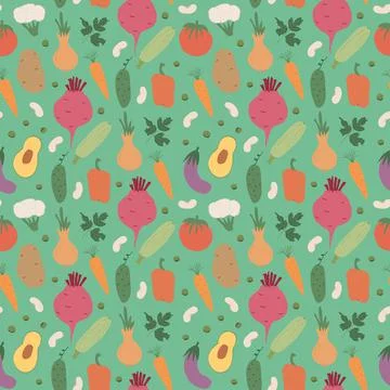 Vegetables seamless pattern. Vegetarian healthy bio food background, Vegan or Stock Illustration