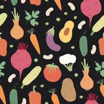 Vegetables seamless pattern. Vegetarian healthy bio food background, Vegan or Stock Illustration