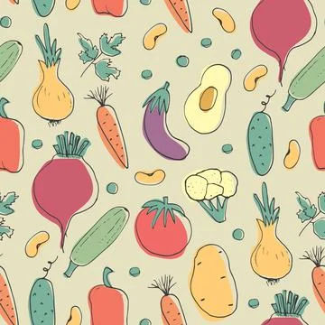 Vegetables seamless pattern. Vegetarian healthy bio food background, Vegan or Stock Illustration