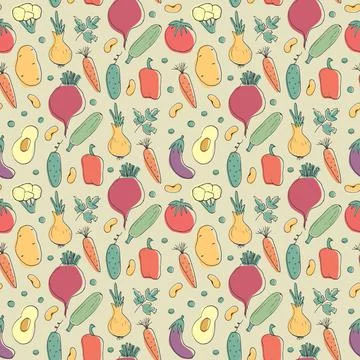 Vegetables seamless pattern. Vegetarian healthy bio food background, Vegan or Illustrazione stock