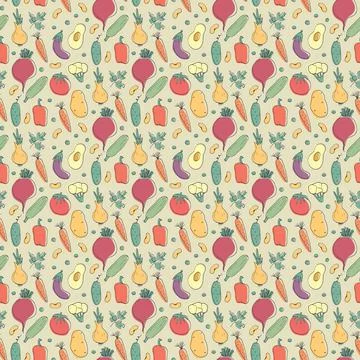 Vegetables seamless pattern. Vegetarian healthy bio food background, Vegan or Stock Illustration