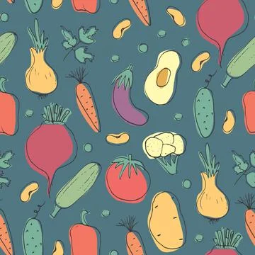 Vegetables seamless pattern. Vegetarian healthy bio food background, Vegan or Stock Illustration