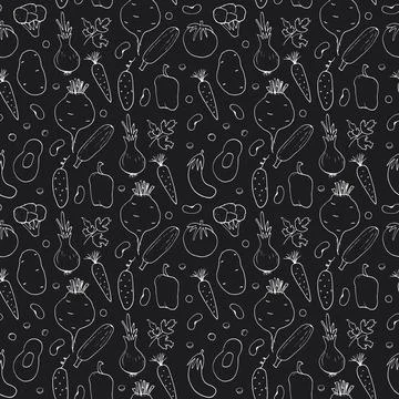 Vegetables seamless pattern. Vegetarian healthy bio food background, Vegan or Stock Illustration