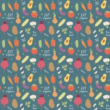 Vegetables seamless pattern. Vegetarian healthy bio food background, Vegan or Illustrazione stock