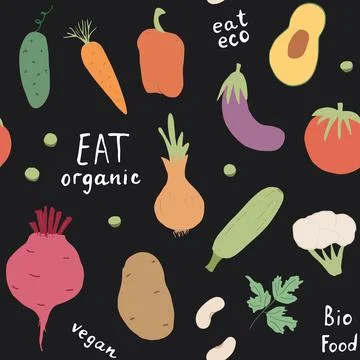 Vegetables seamless pattern. Vegetarian healthy bio food background, Vegan or Stock Illustration