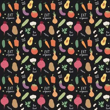 Vegetables seamless pattern. Vegetarian healthy bio food background, Vegan or Stock Illustration