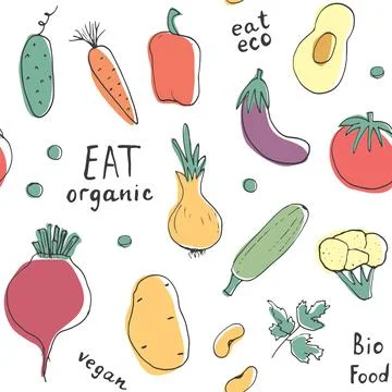 Vegetables seamless pattern. Vegetarian healthy bio food background, Vegan or Stock Illustration