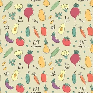 Vegetables seamless pattern. Vegetarian healthy bio food background, Vegan or Stockillustratie