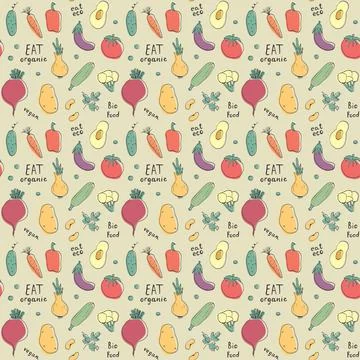 Vegetables seamless pattern. Vegetarian healthy bio food background, Vegan or Stockillustratie