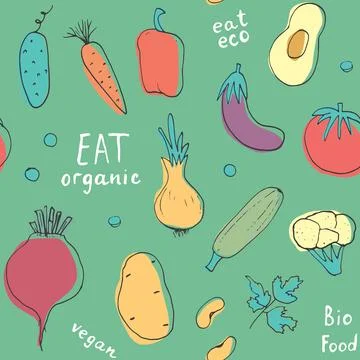 Vegetables seamless pattern. Vegetarian healthy bio food background, Vegan or Stock Illustration