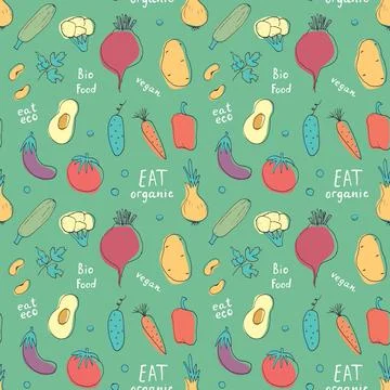 Vegetables seamless pattern. Vegetarian healthy bio food background, Vegan or 스톡 일러스트