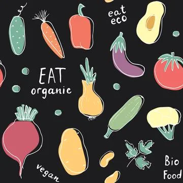 Vegetables seamless pattern. Vegetarian healthy bio food background, Vegan or Illustrazione stock