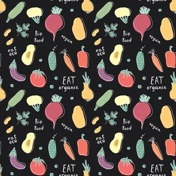 Vegetables seamless pattern. Vegetarian healthy bio food background, Vegan or 스톡 일러스트