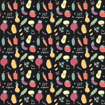 Vegetables seamless pattern. Vegetarian healthy bio food background, Vegan or 스톡 일러스트