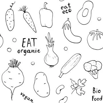 Vegetables seamless pattern. Vegetarian healthy bio food background, Vegan or Stock Illustration