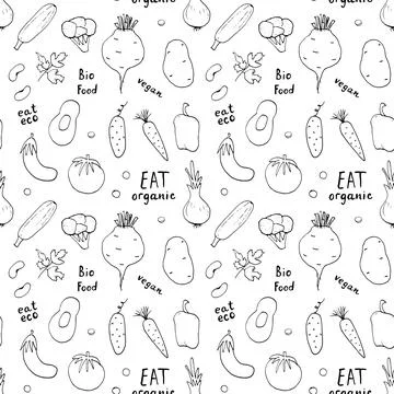 Vegetables seamless pattern. Vegetarian healthy bio food background, Vegan or Illustrazione stock