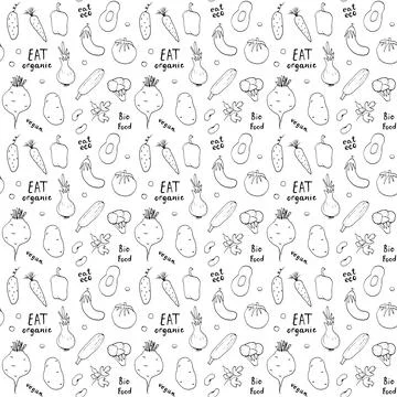 Vegetables seamless pattern. Vegetarian healthy bio food background, Vegan or Stock Illustration