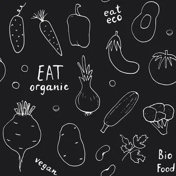 Vegetables seamless pattern. Vegetarian healthy bio food background, Vegan or Illustrazione stock