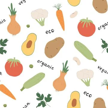 Vegetables seamless pattern. Vegetarian healthy bio food background, Vegan or Stock Illustration