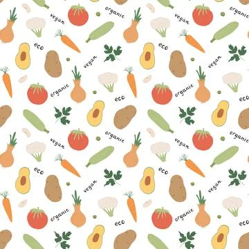 Vegetables seamless pattern. Vegetarian healthy bio food background, Vegan or Illustrazione stock