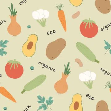 Vegetables seamless pattern. Vegetarian healthy bio food background, Vegan or 스톡 일러스트