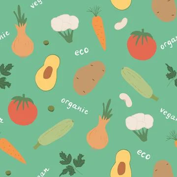 Vegetables seamless pattern. Vegetarian healthy bio food background, Vegan or Stock Illustration