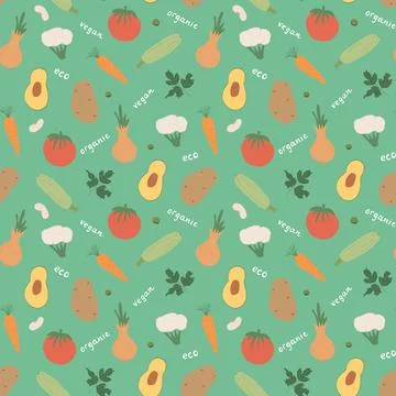 Vegetables seamless pattern. Vegetarian healthy bio food background, Vegan or Stock Illustration
