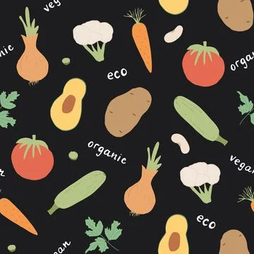 Vegetables seamless pattern. Vegetarian healthy bio food background, Vegan or 스톡 일러스트