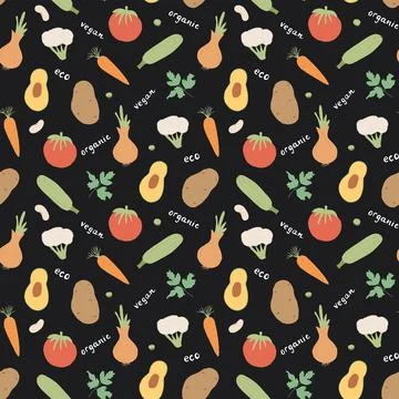 Vegetables seamless pattern. Vegetarian healthy bio food background, Vegan or Stock Illustration