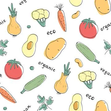 Vegetables seamless pattern. Vegetarian healthy bio food background, Vegan or Illustrazione stock