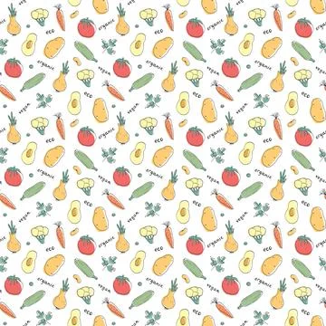 Vegetables seamless pattern. Vegetarian healthy bio food background, Vegan or Stock Illustration