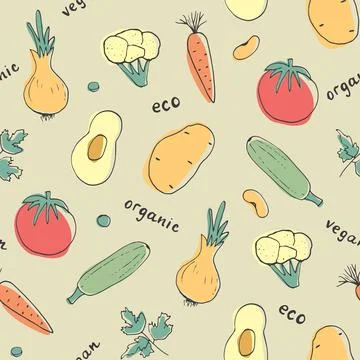 Vegetables seamless pattern. Vegetarian healthy bio food background, Vegan or Stock Illustration
