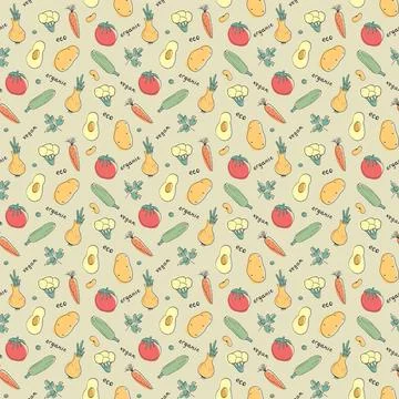 Vegetables seamless pattern. Vegetarian healthy bio food background, Vegan or Illustrazione stock