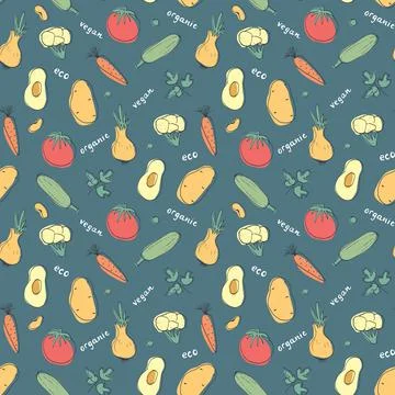 Vegetables seamless pattern. Vegetarian healthy bio food background, Vegan or Stock Illustration